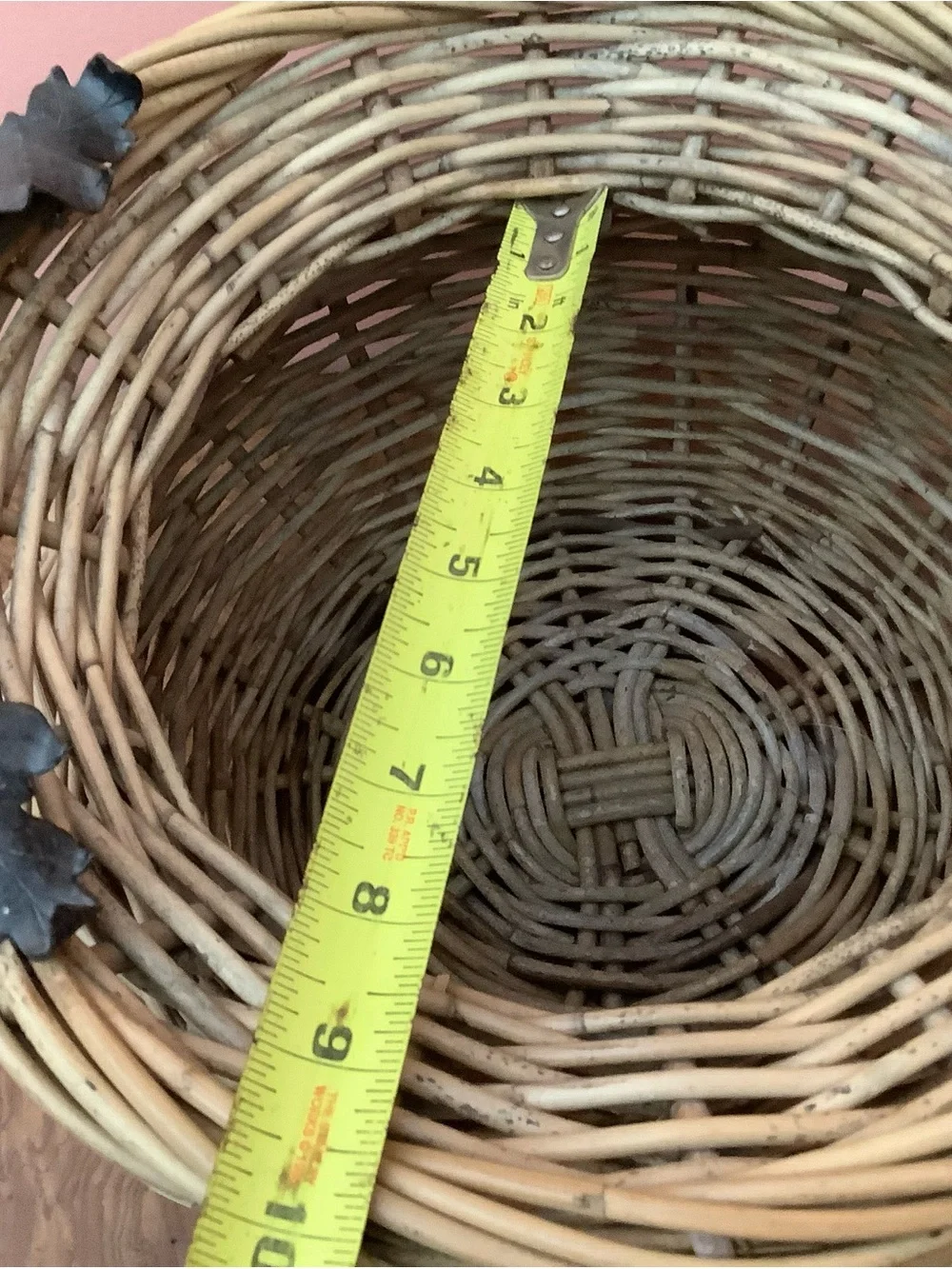 Vintage Handmade Wicker Basket, Wrought Iron Handle, Glass Rings & Oak Leaves